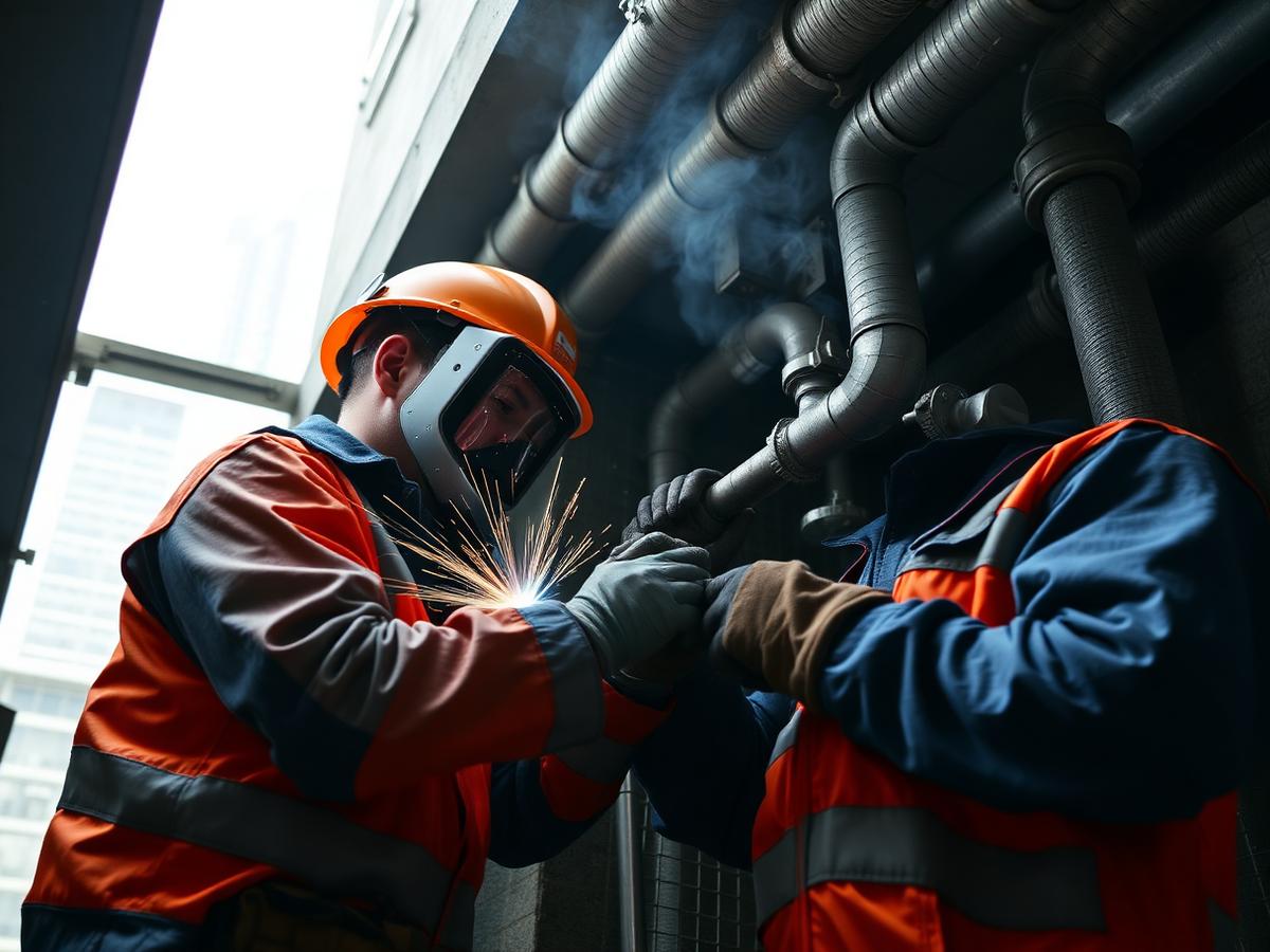 Pipe Installation work by R.K Rout & Co. — Site crew welding GI water supply pipes in a service shaft